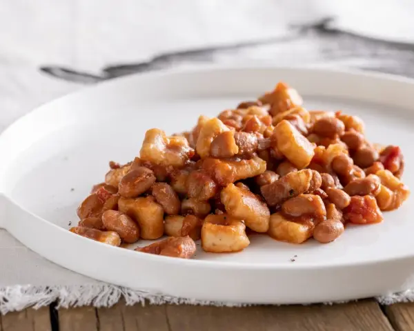 Un piatto di pisarei piacentini, pasta fatta in casa con fagioli e pomodoro, un assaggio della ricetta originale.