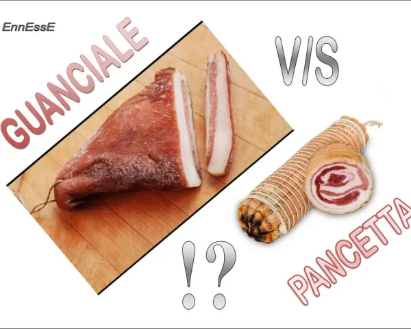 Guanciale, parte del maiale, è un salume stagionato. A confronto, la pancetta arrotolata.