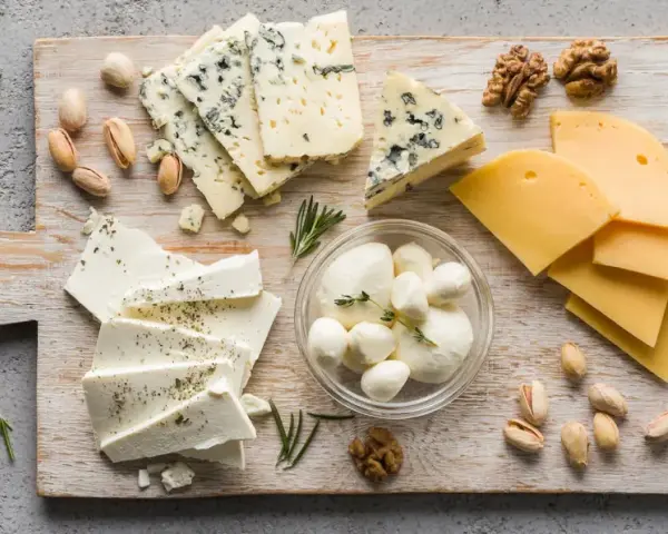 Assortimento di formaggi freschi: mozzarelline, feta e formaggi stagionati, con noci e pistacchi.