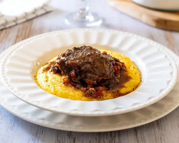Guancette di maiale brasate su un letto di polenta cremosa, un piatto ricco e saporito.