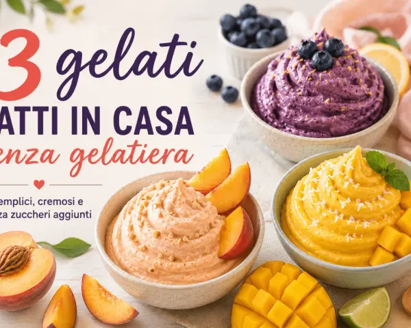 Tre deliziosi gelati fatti in casa: mirtillo, pesca e mango. Cremosi, semplici e senza zuccheri aggiunti, perfetti per un dessert rinfrescante.