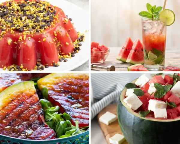 Dolce gelatina, cocktail rinfrescante, insalata grigliata e fresca insalata di anguria e feta: tante idee per ricette con anguria.