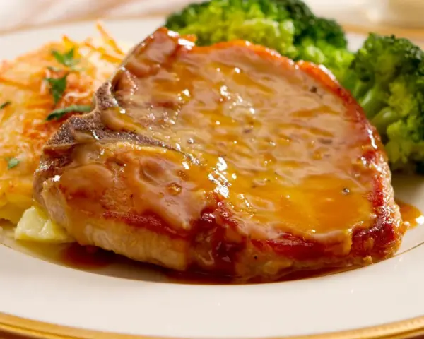 Succulento braciola di maiale con salsa, patate gratinate e broccoli. Secondi di carne per fare bella figura, un piatto che conquista.