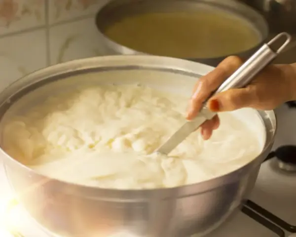 Una mano mescola un cremoso yogurt fatto in casa con fermenti in una ciotola d'acciaio su un fornello.