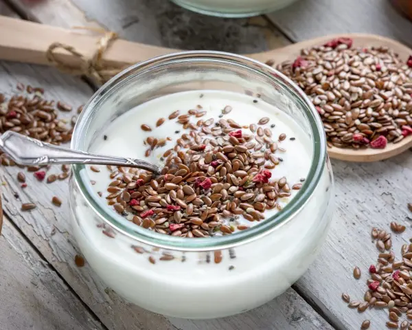 Yogurt con semi di lino e frutta disidratata, un'idea per ricette semi di lino salutari e gustose.