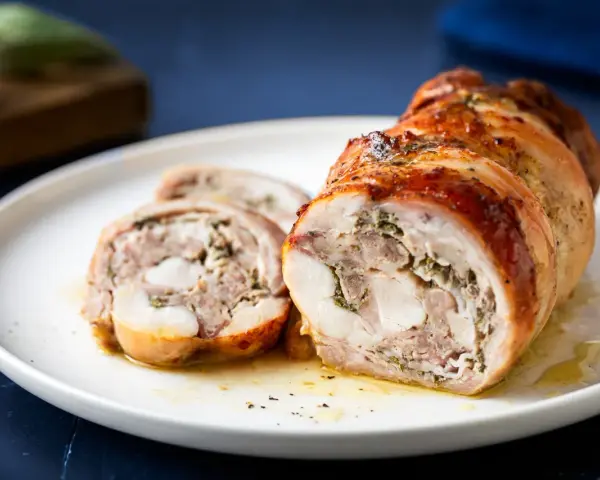Coniglio in porchetta, un rotolo di carne succulento e profumato, tagliato a fette su un piatto bianco.