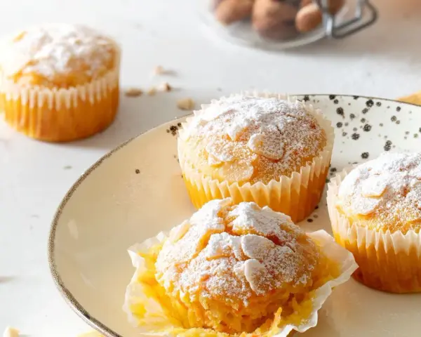 Muffin carote e yogurt spolverati di zucchero a velo e mandorle. Deliziosi e soffici, perfetti per la colazione.