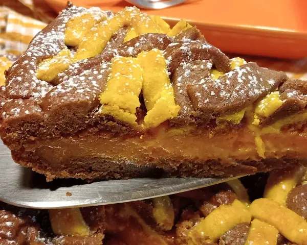 Fetta di torta con ripieno cremoso e decorazioni a griglia, uno dei tanti dolci con albicocche che invitano ad essere assaggiati.