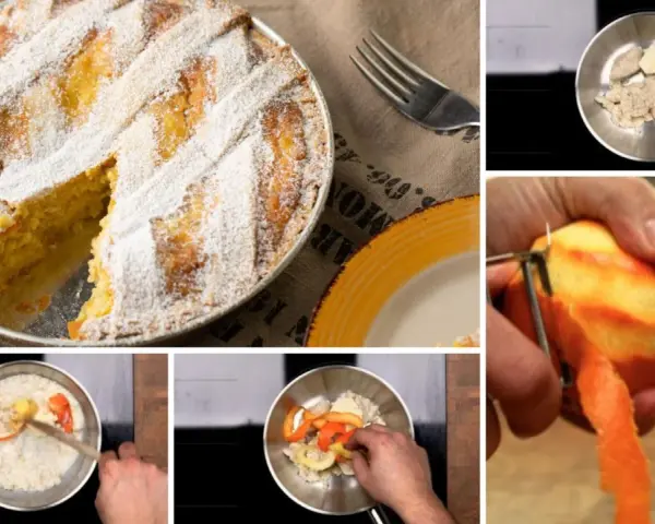 La pastiera napoletana, dolce tradizionale, viene preparata con ingredienti freschi come scorze d'arancia.