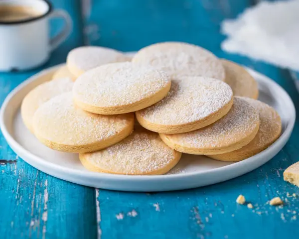 Piatto di biscotti senza lattosio spolverati di zucchero a velo, accanto a una tazza di caffè su un tavolo blu.