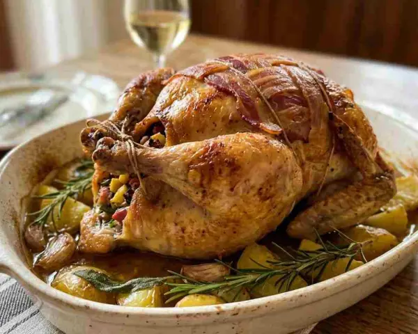 Una succulenta faraona al forno, avvolta in pancetta croccante, riposa su un letto di patate arrosto, aglio e rosmarino.