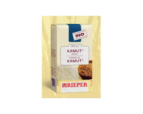 Confezione di farina di Kamut Rieper, biologica. La farina di Kamut contiene glutine, ideale per pane e pasta.