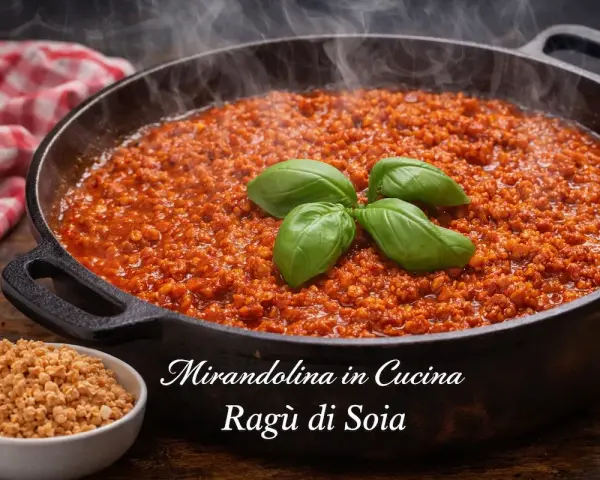 A cast iron pan filled with steaming soy ragu, garnished with basil leaves. A small bowl of dry soy granules is in the foreground.