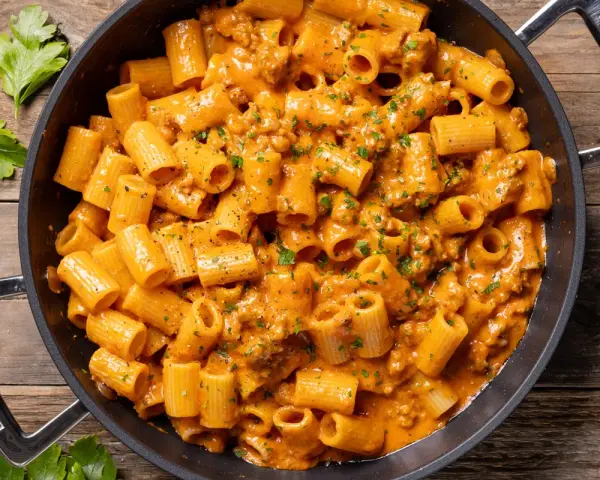 Un invitante piatto di pasta con salsiccia alla napoletana, condita con una cremosa salsa arancione e prezzemolo fresco.