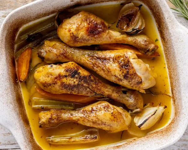 Cosce di pollo arrosto succulente in teglia con verdure, un'idea perfetta per le tue ricette.