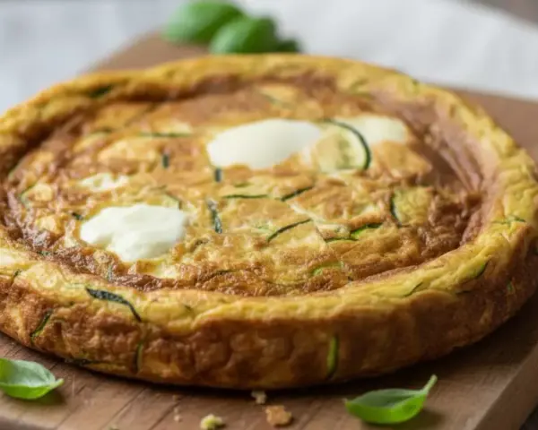 Frittata con mozzarella al forno, dorata e soffice, con zucchine a rondelle e ciuffi di mozzarella filante. Un piatto gustoso e leggero.