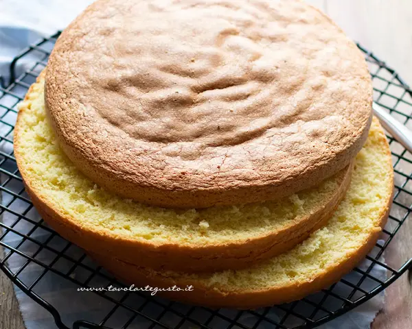 Due dischi di pan di spagna torta, uno sopra l'altro, su una griglia. La superficie è dorata e soffice, pronta per essere farcita.