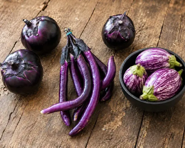 Melanzane tonde e lunghe, viola intenso e striate. Si dice che la differenza tra melanzane maschio e femmina sia nella forma, ma qui vediamo varietà diverse.