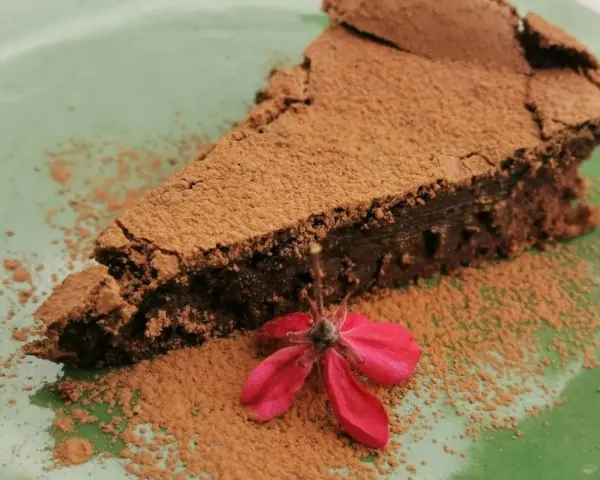Una fetta di torta tenerina vegana, cosparsa di cacao, con un fiore rosso su un piatto verde.