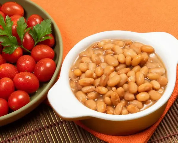 Fagioli secchi in umido, pronti per essere gustati. Scopri come cucinare i fagioli secchi per un piatto saporito, accompagnati da pomodorini freschi.