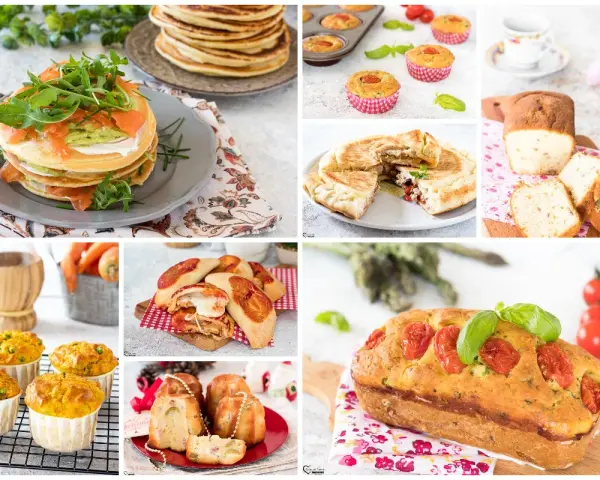 Collage di dolci e salati: pancake, muffin, focacce e torte salate, perfetti per ricette con lievito istantaneo.
