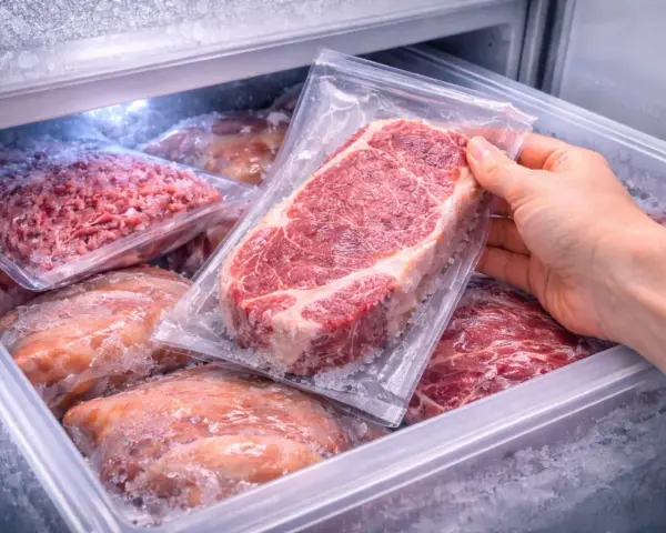 Mano che prende una bistecca sottovuoto dal freezer. Varie confezioni di carne congelata, tra cui macinato e pezzi interi, pronte per essere scongelate.