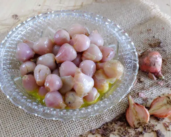 Lampascioni, piccoli bulbi rosa in una ciotola di vetro, sono un sapore pugliese da scoprire.