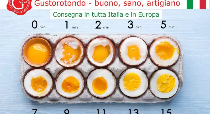 Guida visiva su come cucinare le uova: da crude a sode, con tempi di cottura da 0 a 15 minuti.