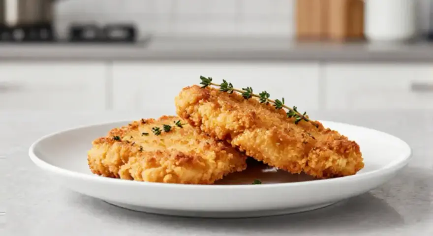 Due cotolette dorate e croccanti, preparate in friggitrice ad aria, servite su un piatto bianco con rametti di timo fresco.