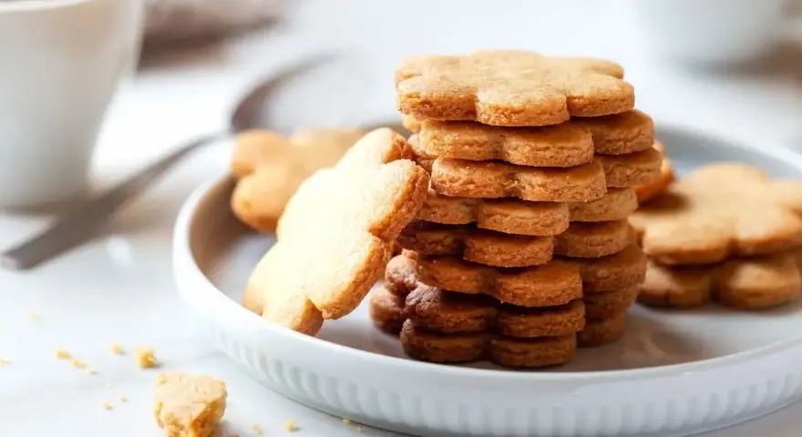 Una pila di biscotti pasta frolla a forma di fiore su un piatto bianco, con una tazza di caffè sullo sfondo.