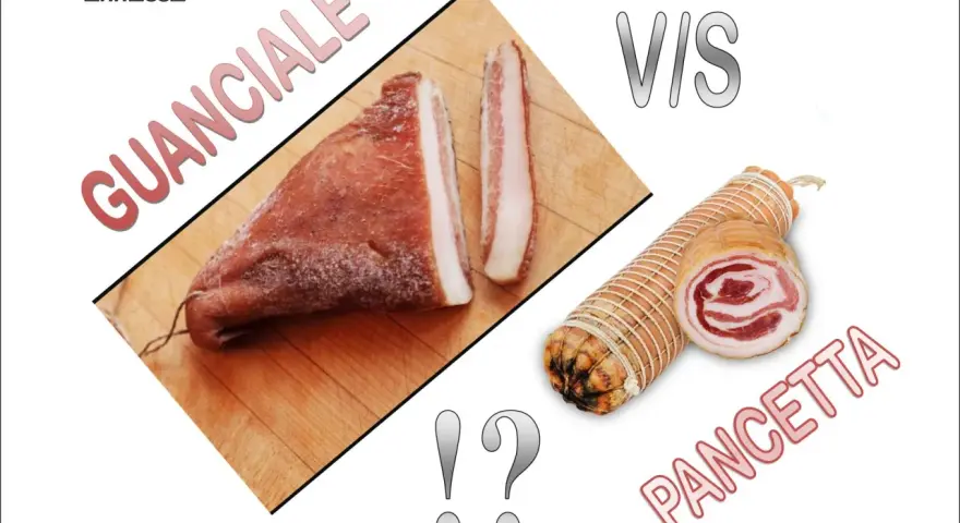 Guanciale, parte del maiale, è un salume stagionato. A confronto, la pancetta arrotolata.