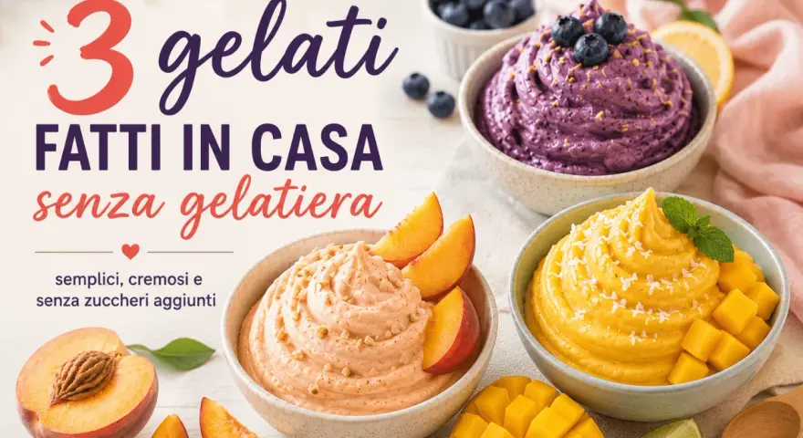 Tre deliziosi gelati fatti in casa: mirtillo, pesca e mango. Cremosi, semplici e senza zuccheri aggiunti, perfetti per un dessert rinfrescante.