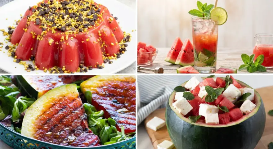 Dolce gelatina, cocktail rinfrescante, insalata grigliata e fresca insalata di anguria e feta: tante idee per ricette con anguria.