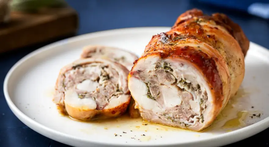 Coniglio in porchetta, un rotolo di carne succulento e profumato, tagliato a fette su un piatto bianco.