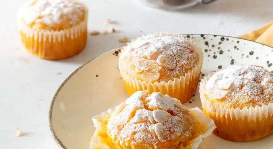 Muffin carote e yogurt spolverati di zucchero a velo e mandorle. Deliziosi e soffici, perfetti per la colazione.