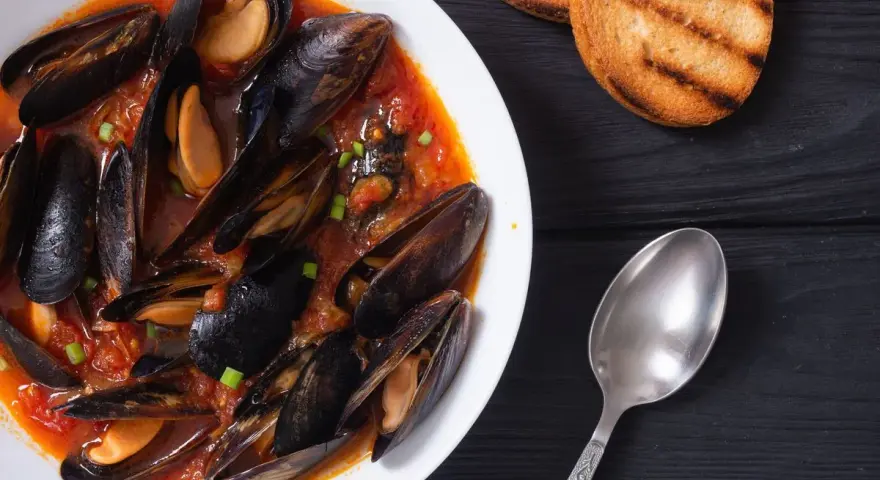 Un invitante piatto di zuppa di cozze in salsa rossa, accompagnato da crostini tostati e un cucchiaio d'argento.