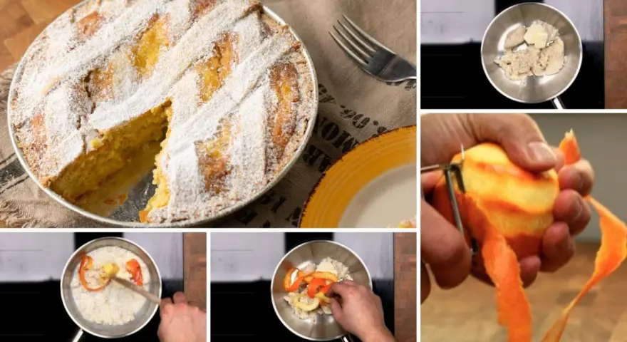 La pastiera napoletana, dolce tradizionale, viene preparata con ingredienti freschi come scorze d'arancia.