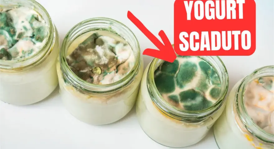 Barattoli di yogurt scaduto da 15 giorni, coperti da muffa verde e bianca. Un'immagine che mostra il deterioramento del cibo.
