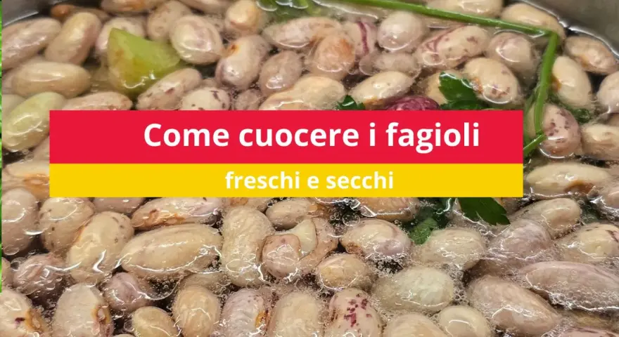 Fagioli borlotti che sobbollono in acqua, pronti per essere cucinati. Impara come cucinare i fagioli freschi e secchi.