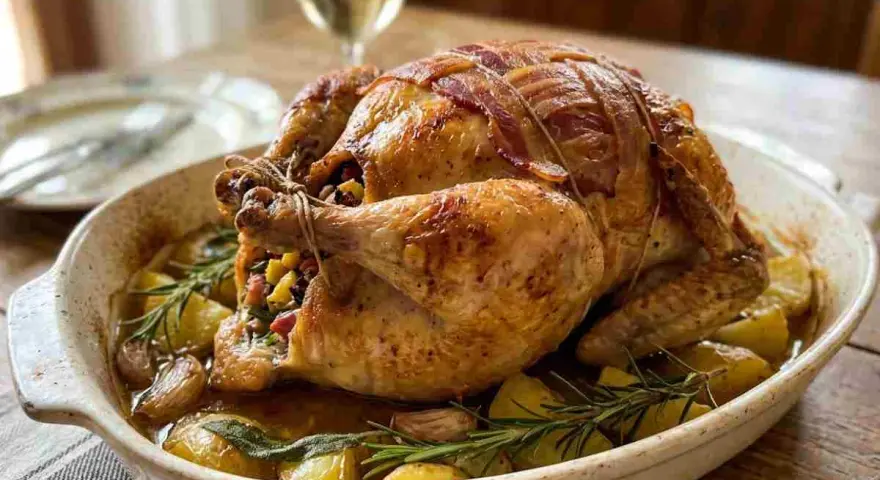 Una succulenta faraona al forno, avvolta in pancetta croccante, riposa su un letto di patate arrosto, aglio e rosmarino.