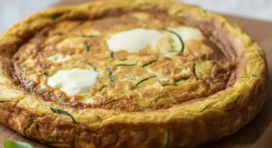 Frittata con mozzarella al forno, dorata e soffice, con zucchine a rondelle e ciuffi di mozzarella filante. Un piatto gustoso e leggero.