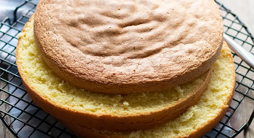 Due dischi di pan di spagna torta, uno sopra l'altro, su una griglia. La superficie è dorata e soffice, pronta per essere farcita.