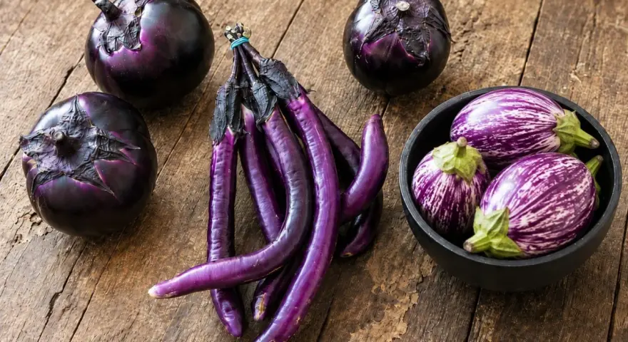 Melanzane tonde e lunghe, viola intenso e striate. Si dice che la differenza tra melanzane maschio e femmina sia nella forma, ma qui vediamo varietà diverse.