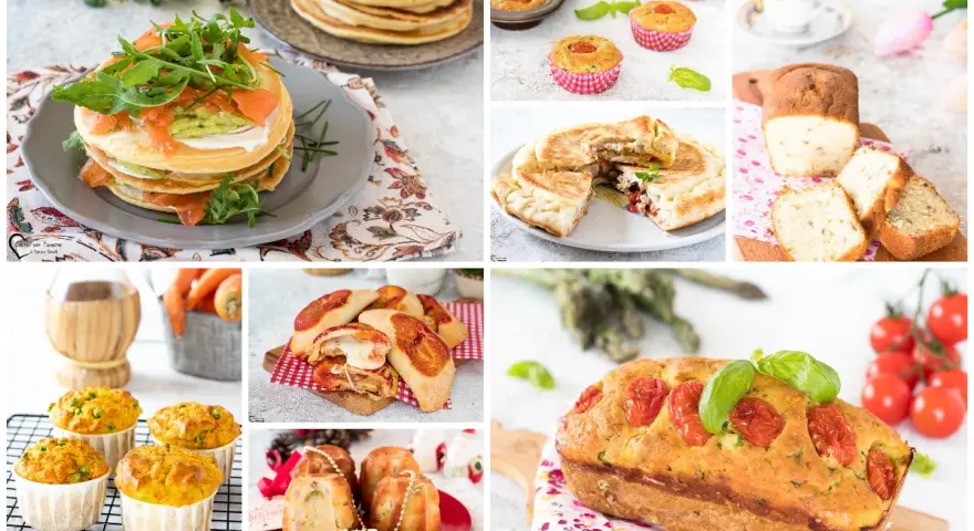 Collage di dolci e salati: pancake, muffin, focacce e torte salate, perfetti per ricette con lievito istantaneo.