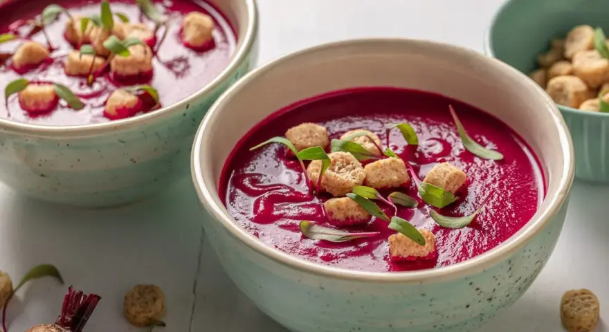 Zuppa cremosa di barbabietola rossa, guarnita con crostini e germogli. Un'idea per le tue barbabietola rossa ricette.
