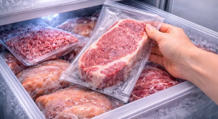 Mano che prende una bistecca sottovuoto dal freezer. Varie confezioni di carne congelata, tra cui macinato e pezzi interi, pronte per essere scongelate.