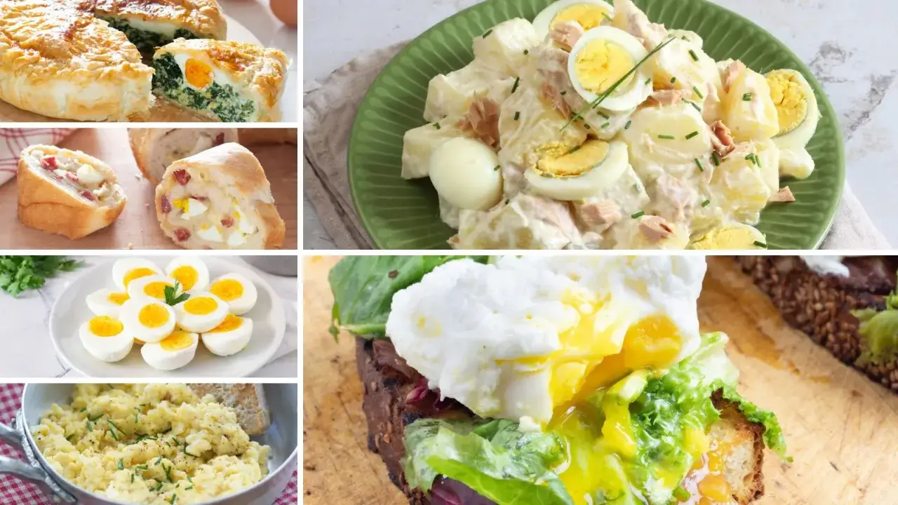Collage di piatti con uova sode: torta salata, panini ripieni, insalata di patate e tonno, uova strapazzate e un toast con uovo in camicia. Idee per uova sode ricette sfiziose.
