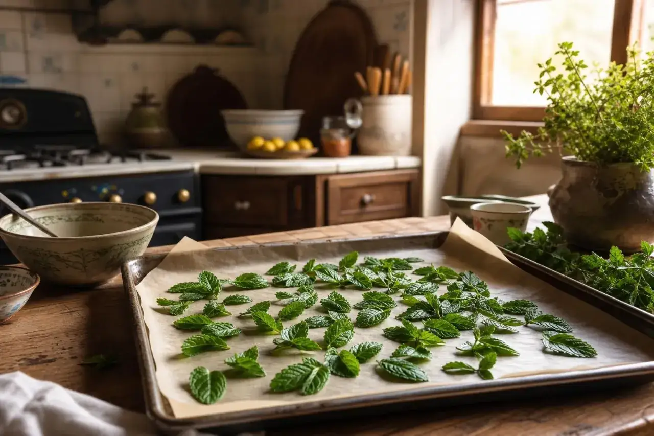 Foglie di menta disposte su una teglia per iniziare il processo di come essiccare la menta in cucina.