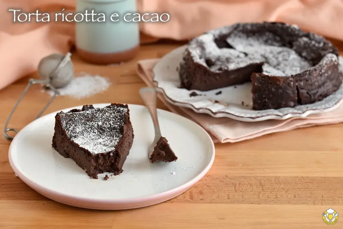 Una fetta di torta ricotta e cioccolato senza farina, spolverata di zucchero a velo, su un piatto bianco.