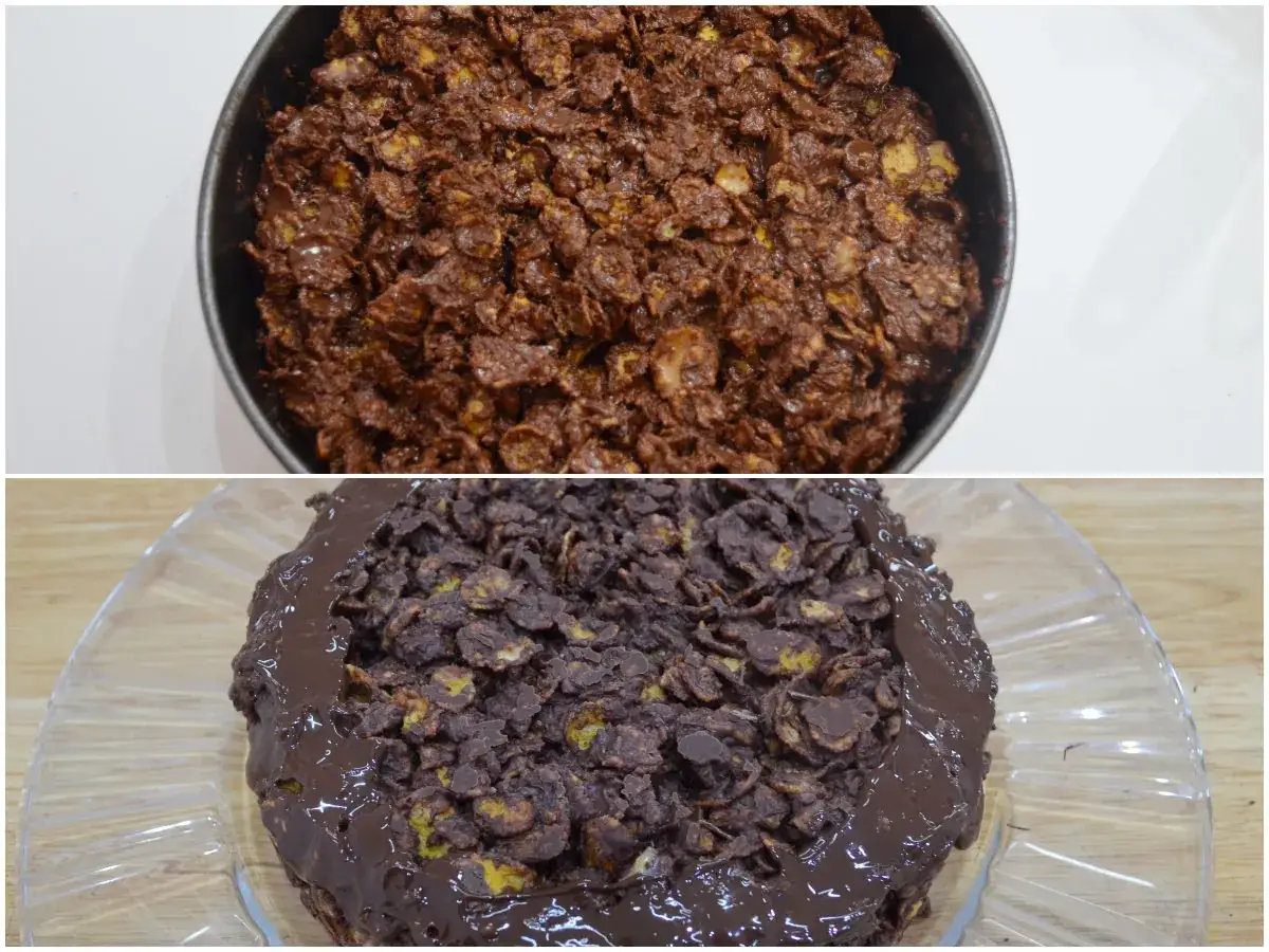 Torta al cioccolato con cereali avanzati, appena sfornata e poi ricoperta di glassa lucida.